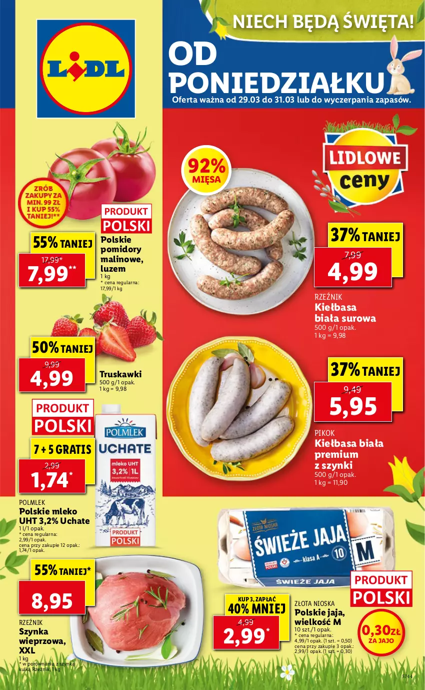 Gazetka promocyjna Lidl - GAZETKA - ważna 29.03 do 31.03.2021 - strona 1 - produkty: Gra, Jaja, Kiełbasa, Kiełbasa biała, Mleko, PIKOK, POLMLEK, Pomidory, Por, Szynka, Szynka wieprzowa, Truskawki