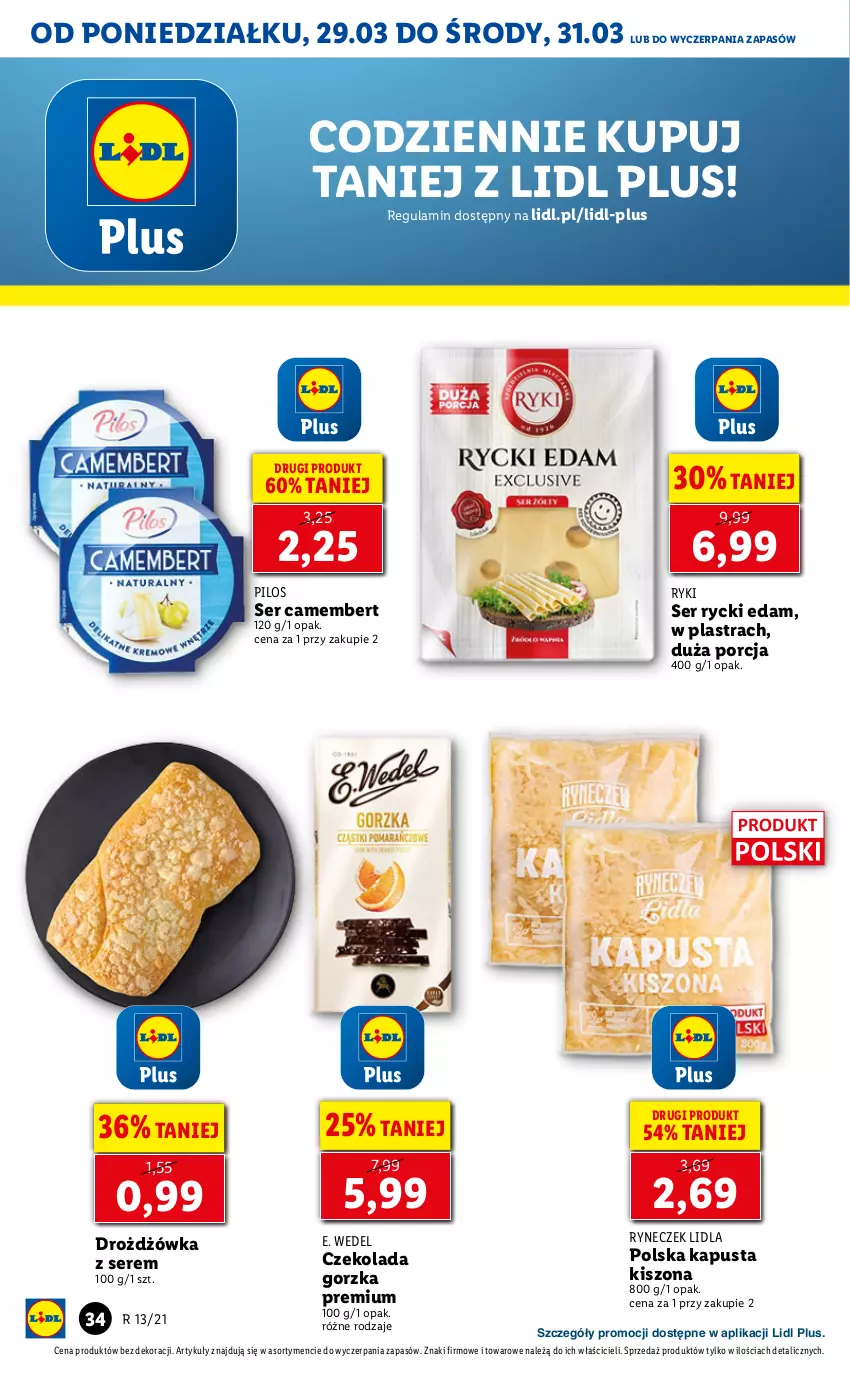 Gazetka promocyjna Lidl - GAZETKA - ważna 29.03 do 31.03.2021 - strona 34 - produkty: Camembert, Czekolada, Czekolada gorzka, E. Wedel, Edam, Pilos, Por, Rycki Edam, Ser