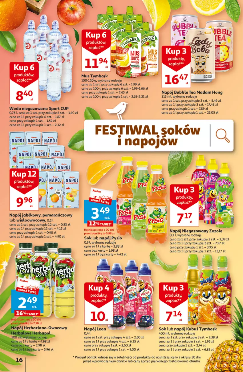 Gazetka promocyjna Auchan - Gazetka TANIE zakupy Hipermarket Auchan - ważna 24.08 do 30.08.2023 - strona 16 - produkty: Kubuś, Mus, Napój, Napój niegazowany, Por, Sok, Sport, Tymbark, Woda, Woda niegazowana