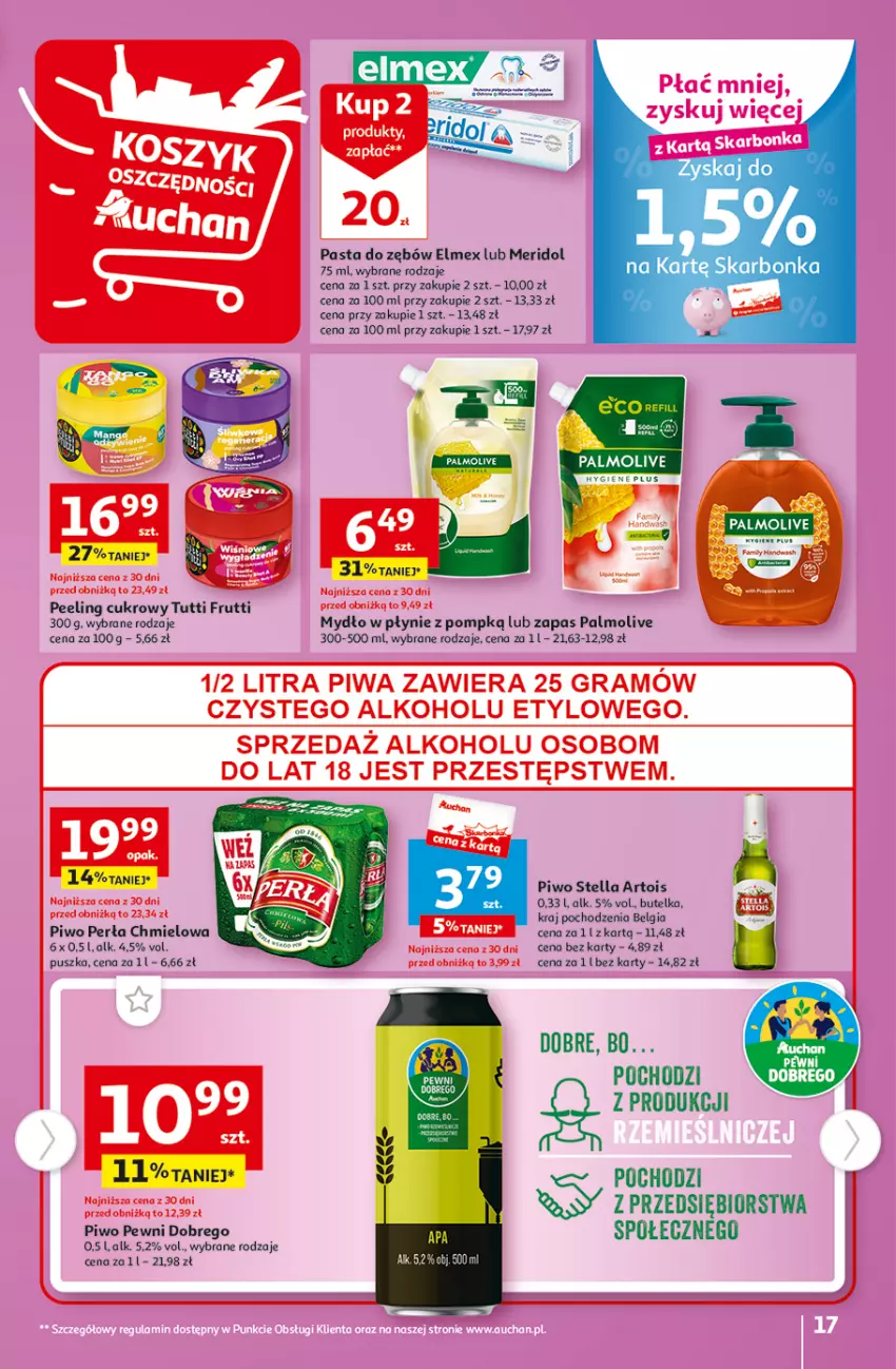 Gazetka promocyjna Auchan - Gazetka TANIE zakupy Hipermarket Auchan - ważna 24.08 do 30.08.2023 - strona 17 - produkty: Elmex, LG, Mydło, Mydło w płynie, Palmolive, Pasta do zębów, Peeling, Perła, Piwo