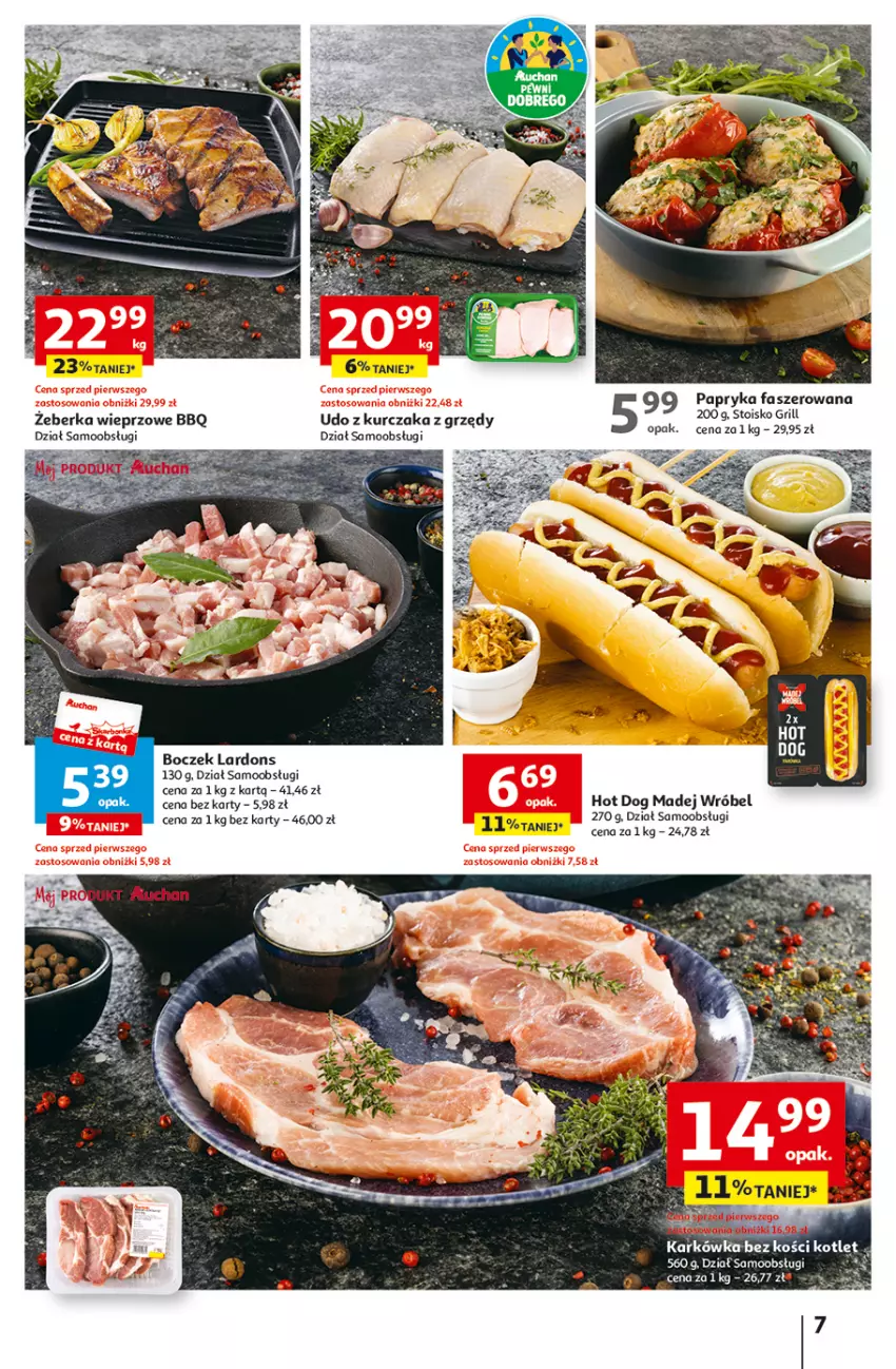 Gazetka promocyjna Auchan - Gazetka TANIE zakupy Hipermarket Auchan - ważna 24.08 do 30.08.2023 - strona 7 - produkty: Boczek, Fa, Grill, Hot dog, Kotlet, Kurczak, Madej Wróbel, Papryka, Udo z kurczaka
