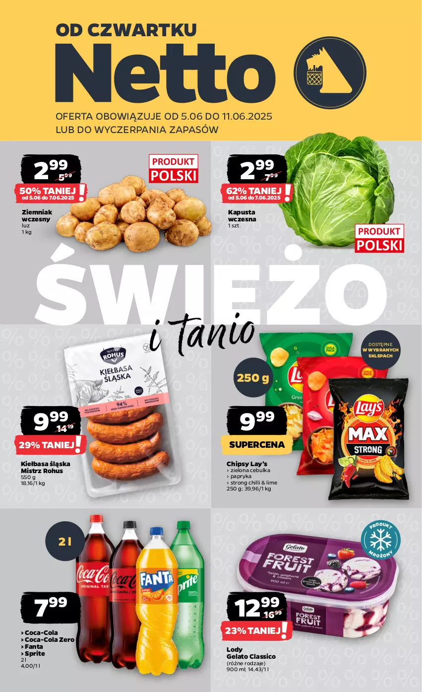 Gazetka promocyjna Netto - Od Czwartku - ważna 05.06 do 11.06.2025 - strona 1 - produkty: Chipsy, Coca-Cola, Fa, Fanta, Kiełbasa, Kiełbasa śląska, Lay’s, Lody, Papryka, Sprite