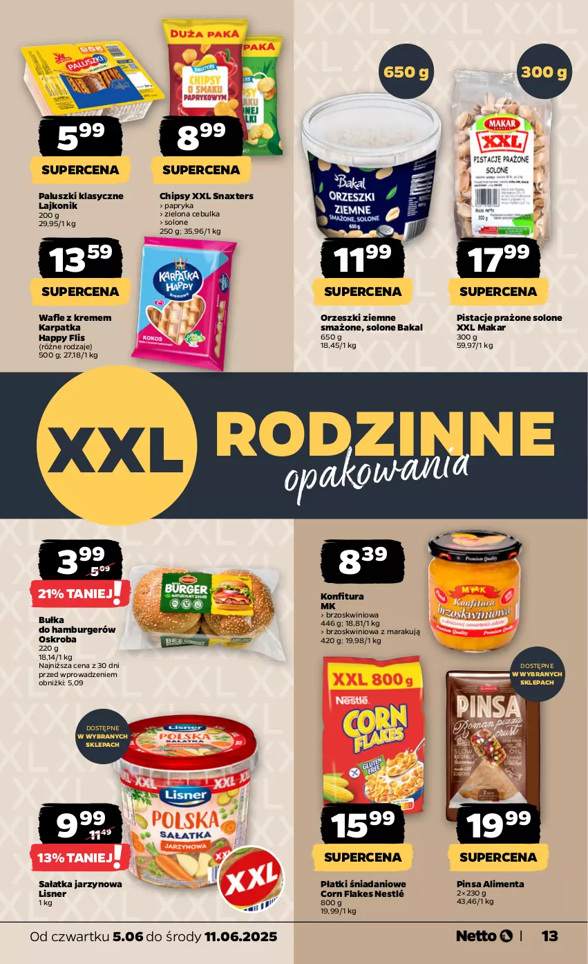 Gazetka promocyjna Netto - Od Czwartku - ważna 05.06 do 11.06.2025 - strona 13 - produkty: Bułka, Burger, Chipsy, Corn flakes, Danio, Hamburger, Karp, Konfitura, Lajkonik, Lisner, Nestlé, Orzeszki, Orzeszki ziemne, Papryka, Pistacje, Sałat, Sałatka, Wafle