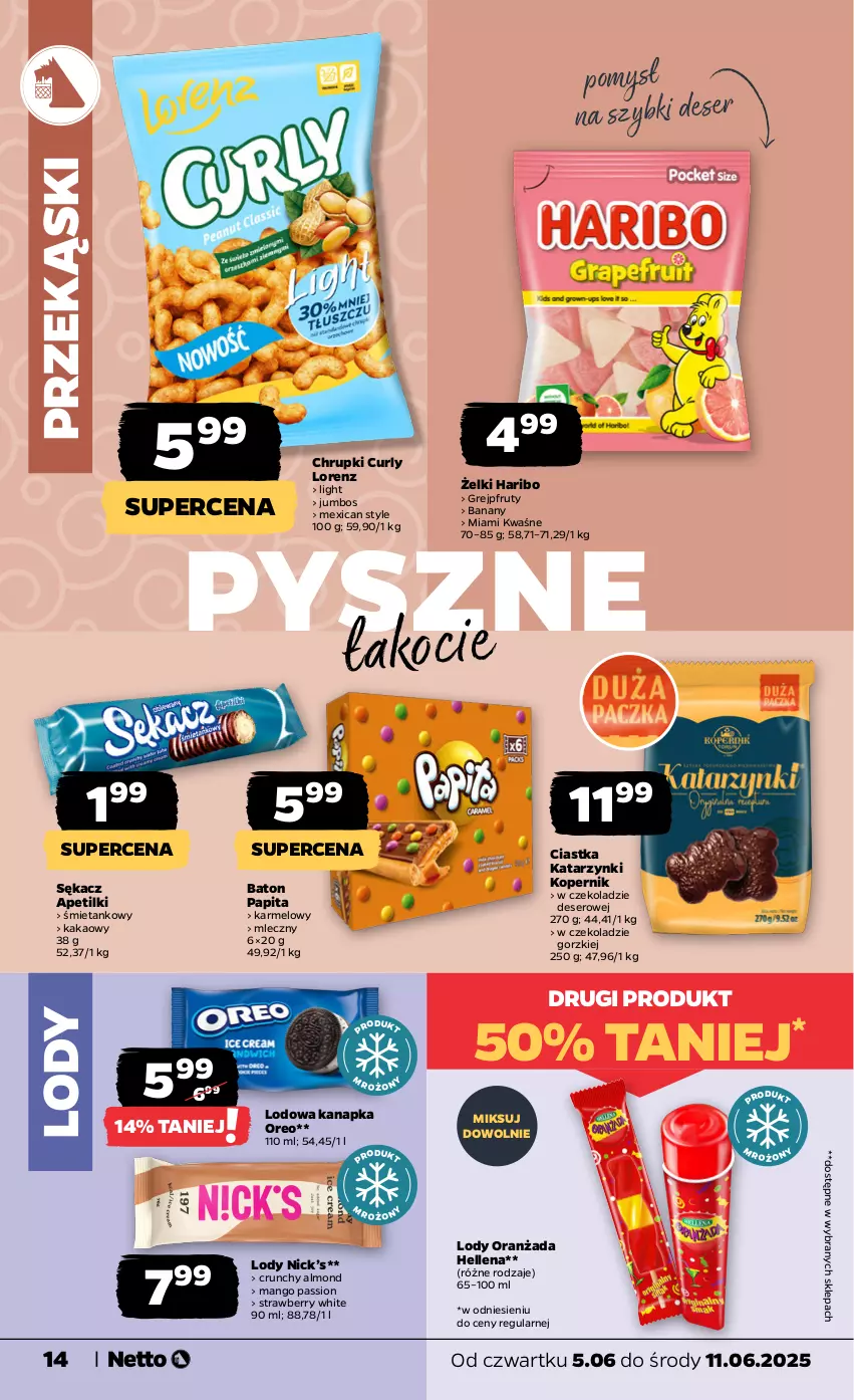 Gazetka promocyjna Netto - Od Czwartku - ważna 05.06 do 11.06.2025 - strona 14 - produkty: Banany, Baton, Chrupki, Ciastka, Deser, Grejpfrut, Haribo, Hellena, Kakao, Koc, Lody, Lorenz, Mango, Oranżada, Oreo, Sękacz, Ser