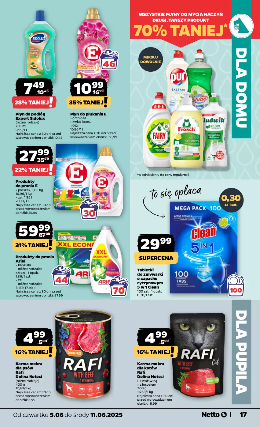 Gazetka promocyjna Netto - Od Czwartku - ważna 05.06 do 11.06.2025 - strona 17 - produkty: Ariel, Do mycia naczyń, Karma mokra dla kotów, Płyn do płukania, Sidolux, Sos, Tablet, Tabletki do zmywarki, Zmywarki