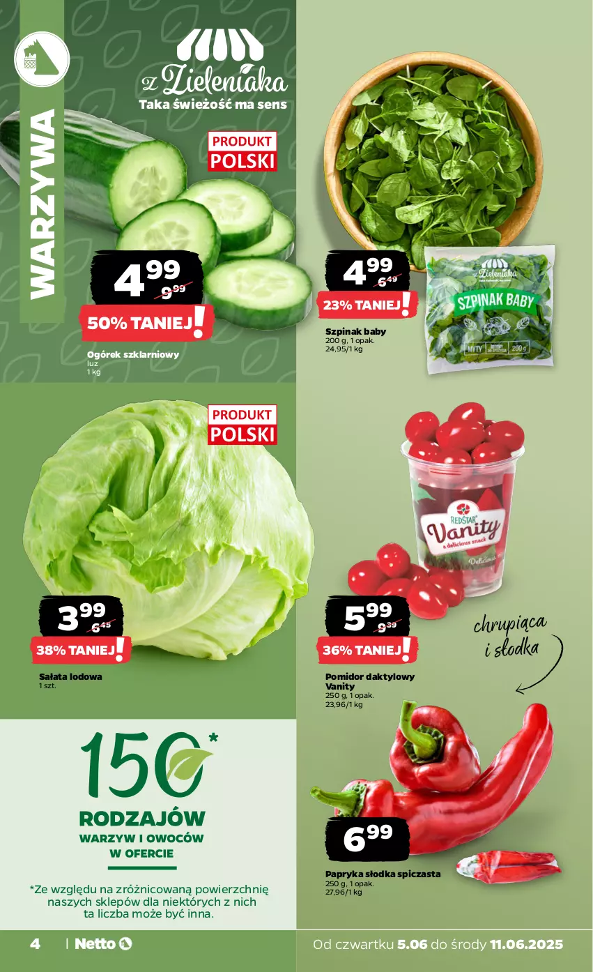 Gazetka promocyjna Netto - Od Czwartku - ważna 05.06 do 11.06.2025 - strona 4 - produkty: Ogórek, Papryka, Papryka słodka, Sałat, Sałata lodowa, Szpinak, Warzywa