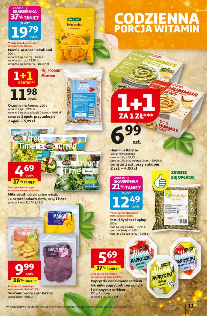 Gazetka promocyjna Auchan - Święta jak babcię kocham Hipermarket - ważna 13.11 do 19.11.2025 - strona 11 - produkty: Bakalland, Bell, Bella, Hummus, LANA, Mus, Owoce, Papryczki nadziewane, Pestki dyni, Sałat, Sałata lodowa, Ser