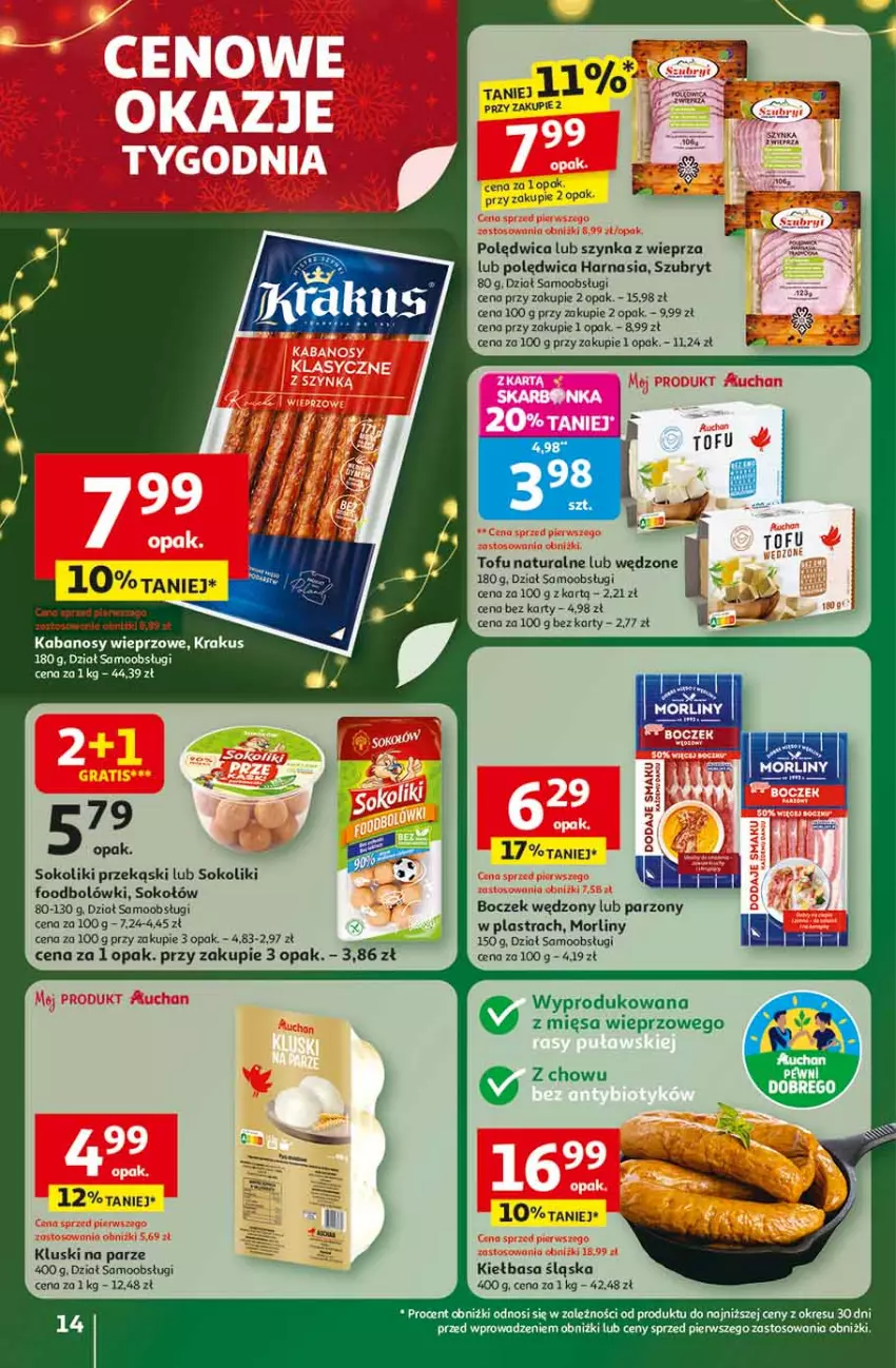 Gazetka promocyjna Auchan - Święta jak babcię kocham Hipermarket - ważna 13.11 do 19.11.2025 - strona 14 - produkty: Boczek, Kabanos, Kiełbasa, Kiełbasa śląska, Kluski na parze, Krakus, Morliny, Polędwica, Por, Sok, Sokołów, Szubryt, Szynka, Tofu