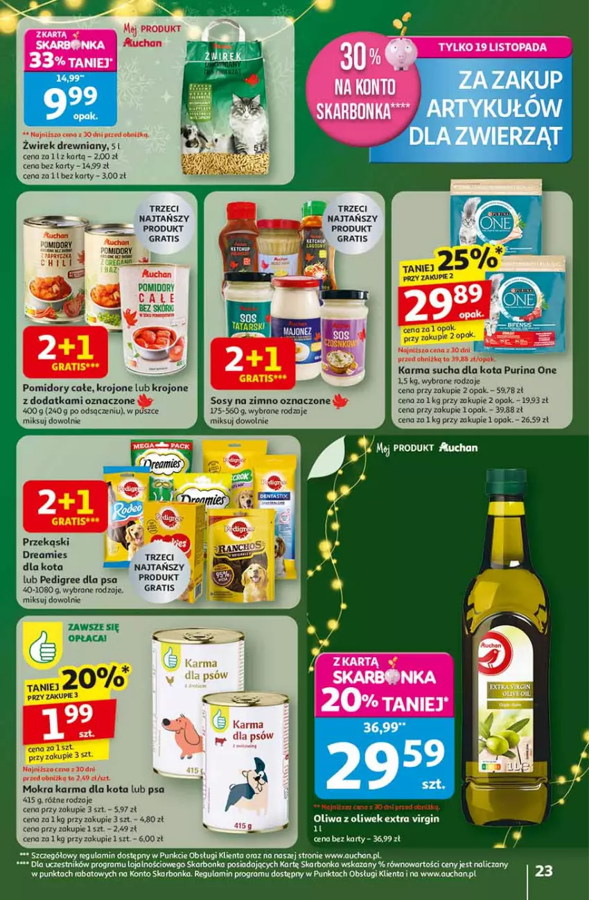 Gazetka promocyjna Auchan - Święta jak babcię kocham Hipermarket - ważna 13.11 do 19.11.2025 - strona 23 - produkty: Gin, Gra, Mokra karma, Oliwa, Oliwa z oliwek, Pedigree, Pomidory, Pur, Purina, Sos