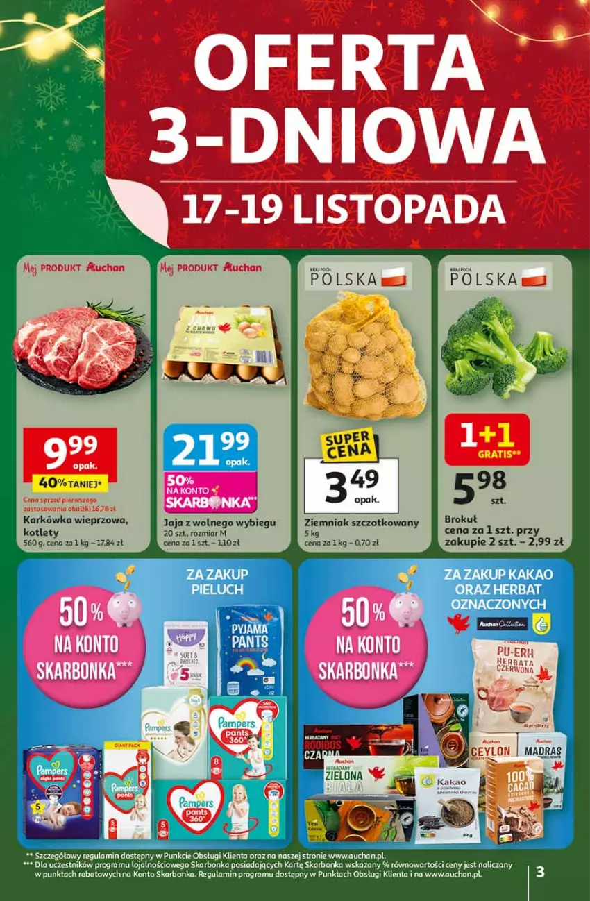 Gazetka promocyjna Auchan - Święta jak babcię kocham Hipermarket - ważna 13.11 do 19.11.2025 - strona 3 - produkty: Fa, Gra, Jaja, Jaja z wolnego wybiegu, Kakao, Karkówka wieprzowa, Kotlet