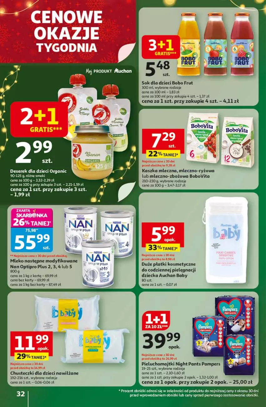 Gazetka promocyjna Auchan - Święta jak babcię kocham Hipermarket - ważna 13.11 do 19.11.2025 - strona 32 - produkty: BoboVita, Chusteczki, Deser, Dzieci, Majtki, Mleko, NAN Optipro, O nas, Pampers, Pieluchomajtki, Ryż, Ser, Serek, Sok