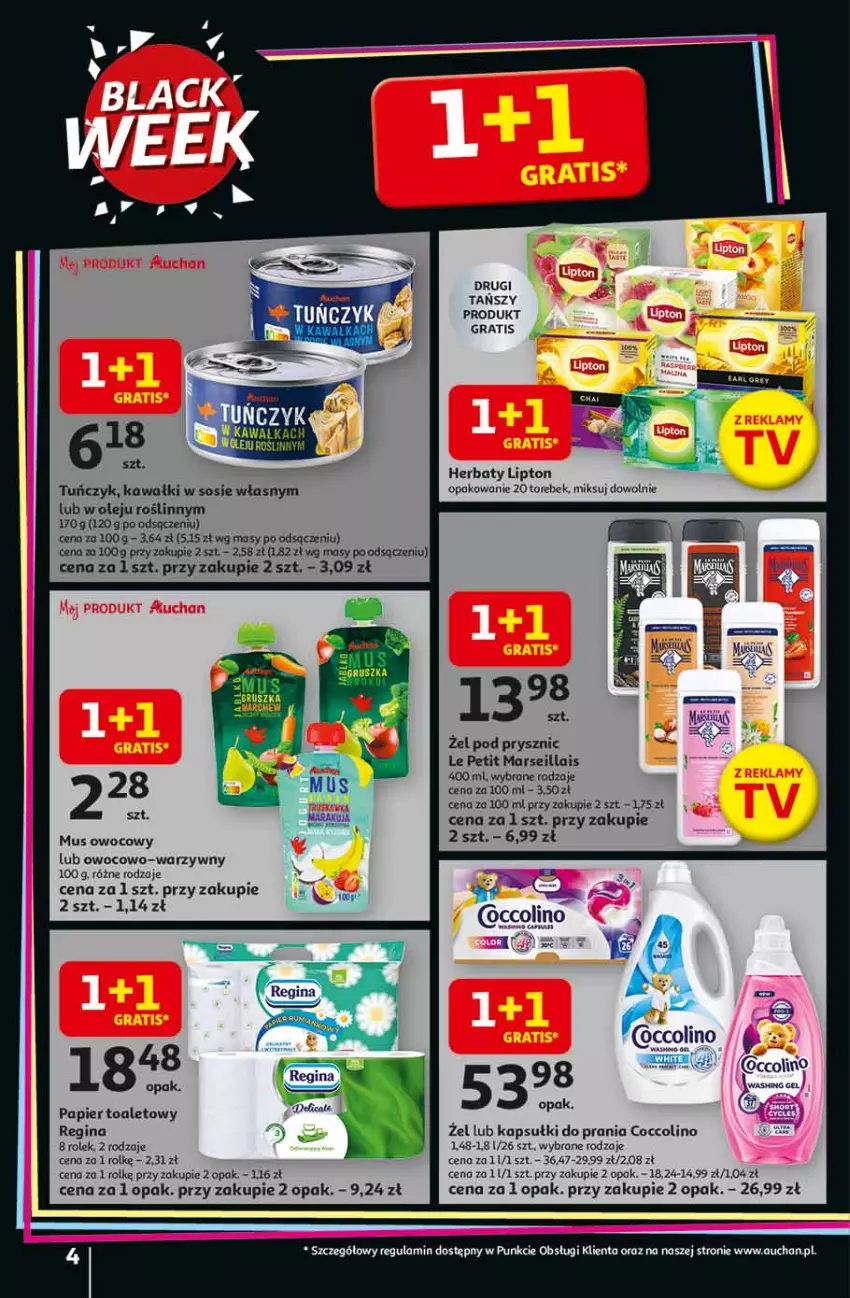 Gazetka promocyjna Auchan - Święta jak babcię kocham Hipermarket - ważna 13.11 do 19.11.2025 - strona 4 - produkty: Coccolino, Fa, Gin, Gra, Kapsułki do prania, Kawa, Lipton, Mars, Mus, Olej, Papier, Papier toaletowy, Sos, Tuńczyk