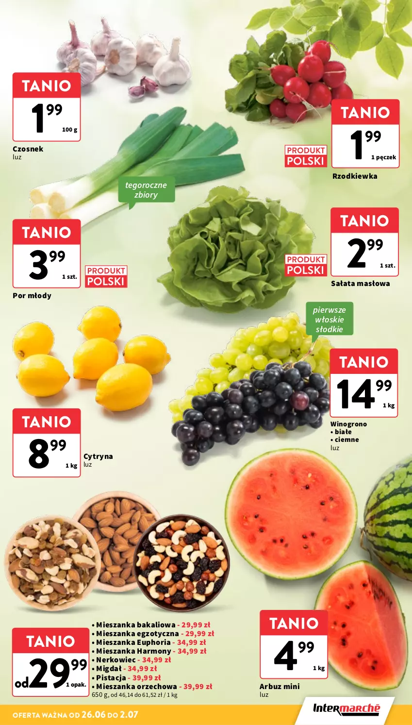 Gazetka promocyjna Intermarche - Gazetka promocyjna - ważna 26.06 do 02.07.2025 - strona 13 - produkty: Arbuz, Czosnek, Masło, Mieszanka bakaliowa, Mieszanka orzechowa, Por, Rzodkiewka, Sałat, Sałata masłowa, Wino