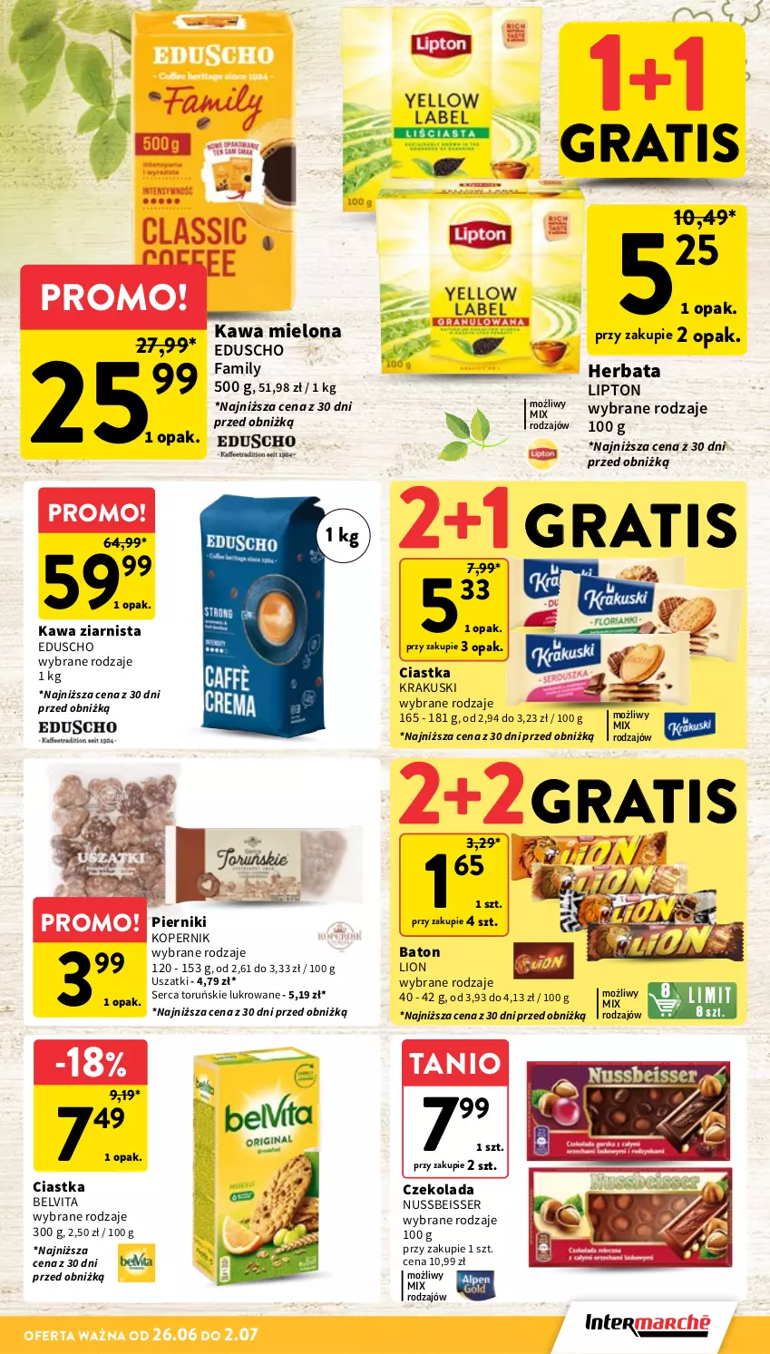 Gazetka promocyjna Intermarche - Gazetka promocyjna - ważna 26.06 do 02.07.2025 - strona 23 - produkty: Baton, BelVita, Ciastka, Czekolada, Fa, Gra, Herbata, Kawa, Kawa mielona, Kawa ziarnista, Krakus, Krakuski, Lion, Lipton, Piernik, Ser