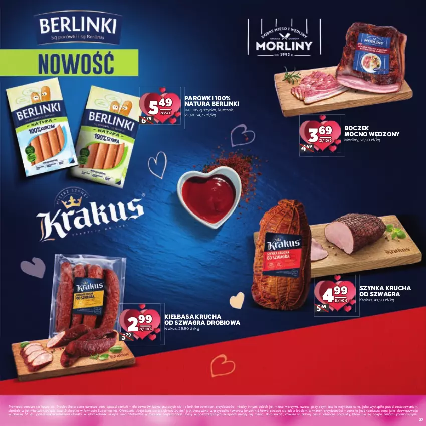 Gazetka promocyjna Stokrotka - Katalog Walentynkowy - ważna 06.02 do 19.02.2025 - strona 27 - produkty: Berlinki, Boczek, Gra, Kiełbasa, Kiełbasa krucha, Krakus, Kurczak, Mięso, Morliny, Owoce, Parówki, Szynka, Warzywa