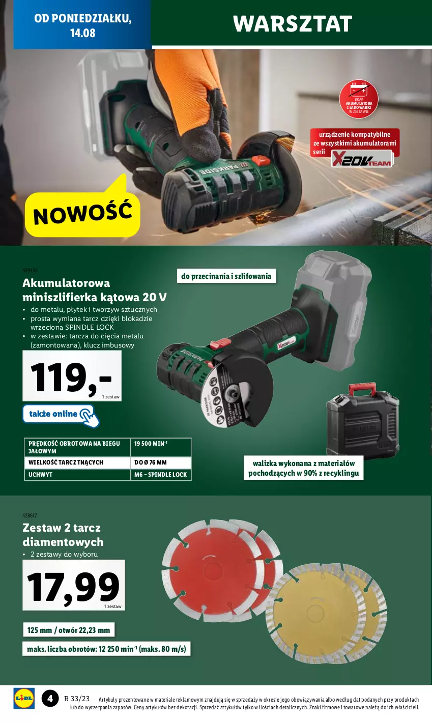 Gazetka promocyjna Lidl - GAZETKA - ważna 14.08 do 19.08.2023 - strona 6 - produkty: Akumulator, Ser, Szlifierka, Szlifierka kątowa, Walizka