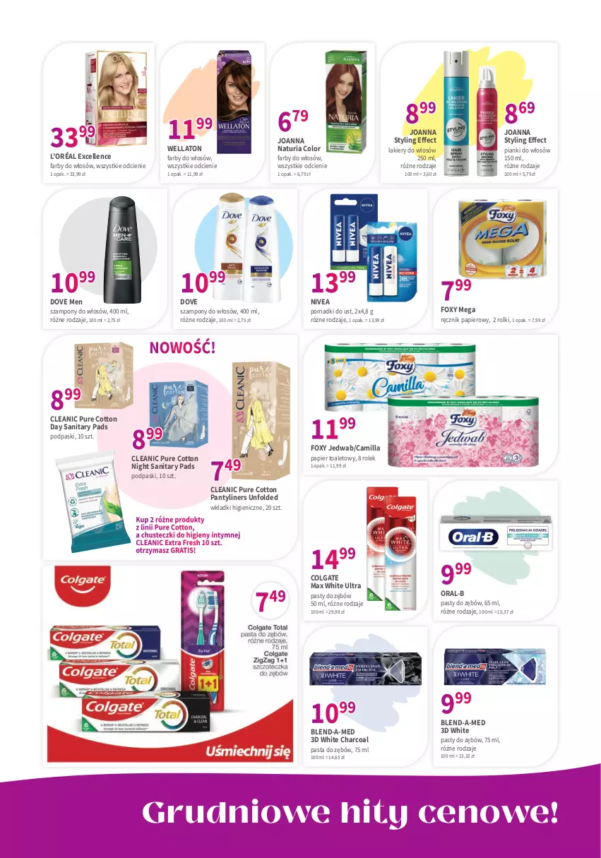 Gazetka promocyjna Drogerie Polskie - Gazetka - ważna 09.12 do 31.12.2022 - strona 7 - produkty: Blend-a-Med, Chusteczki, Chusteczki do higieny, Cleanic, Colgate, Dove, Fa, Foxy, Gra, Joanna, Joanna styling, L’Oréal, Lakier, LG, Nivea, Papier, Papier toaletowy, Pasta do zębów, Podpaski, Pur, Ręcznik, Rolki, Szampon, Wella, Wkładki