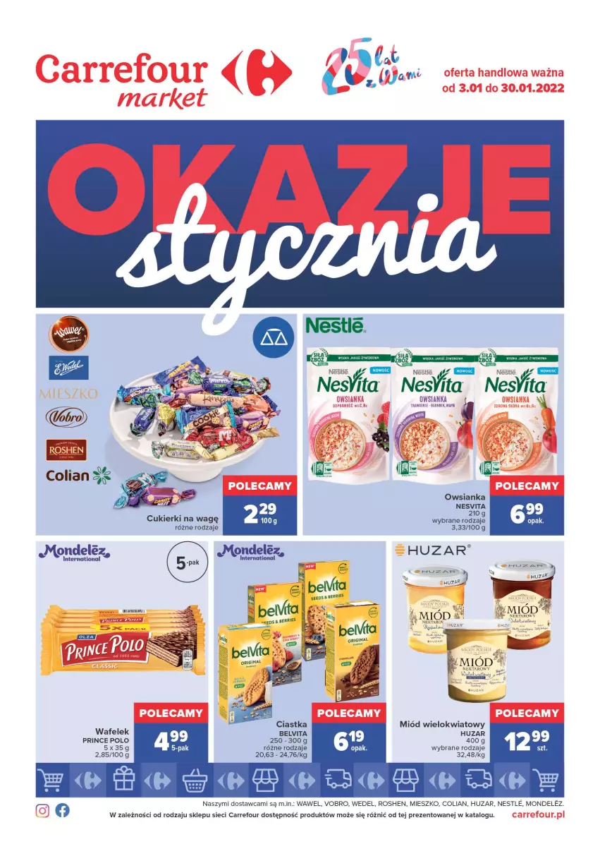 Gazetka promocyjna Carrefour - Gazetka Market Okazje stycznia - ważna 03.01 do 31.01.2022 - strona 1 - produkty: BelVita, Ciastka, Cukier, Cukierki, Gin, Miód, Nektar, Owsianka, Prince Polo, Wafelek, Wawel