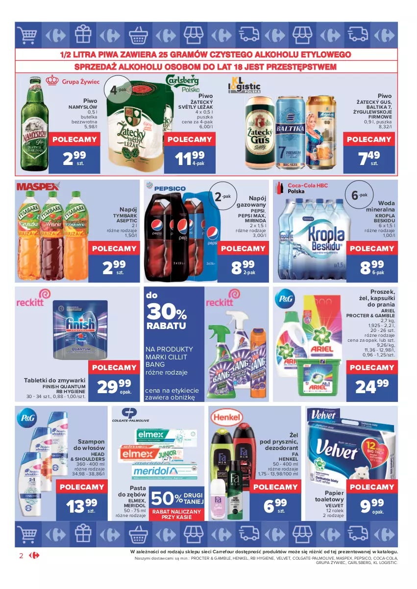 Gazetka promocyjna Carrefour - Gazetka Market Okazje stycznia - ważna 03.01 do 31.01.2022 - strona 2 - produkty: Ariel, Carlsberg, Cillit Bang, Coca-Cola, Colgate, Dezodorant, Elmex, Fa, Finish, Gra, Kapsułki do prania, LG, Mirinda, Namysłów, Napój, Napój gazowany, Palmolive, Papier, Papier toaletowy, Pasta do zębów, Pepsi, Pepsi max, Piwa, Piwo, Szampon, Tablet, Tabletki do zmywarki, Tymbark, Velvet, Woda, Woda mineralna, Zmywarki