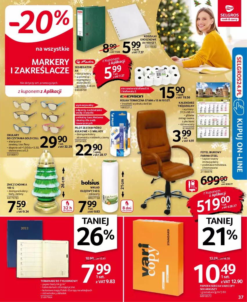 Gazetka promocyjna Selgros - Oferta przemysłowa - ważna 25.11 do 01.12.2021 - strona 37 - produkty: Biuro, Choinka, Fa, Fotel, Gra, Inka, Kalendarz, Klej, Kosz, Marker, Okulary do czytania, Olej, Papier, Por, Rama, Ser, Tusz, Wkład olejowy, Znicz