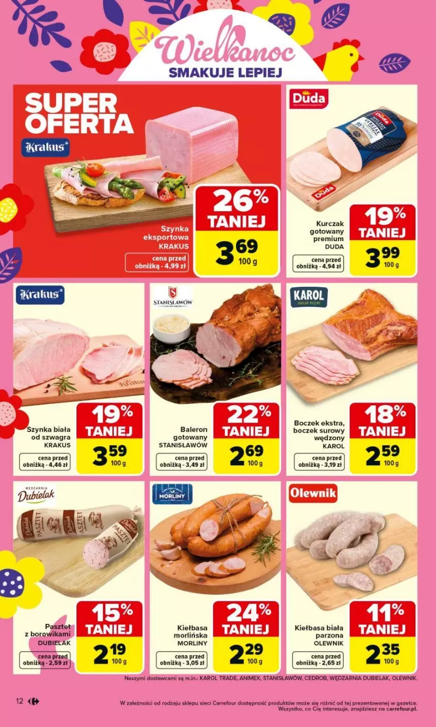Gazetka promocyjna Carrefour - Gazetka Carrefour, Market od poniedziałku! - ważna 16.03 do 21.03.2026 - strona 14 - produkty: Boczek, Duda, Gra, HP, Kiełbasa, Kiełbasa biała, Krakus, Kurczak, Morliny, Olewnik, Por, Szynka, Szynka biała