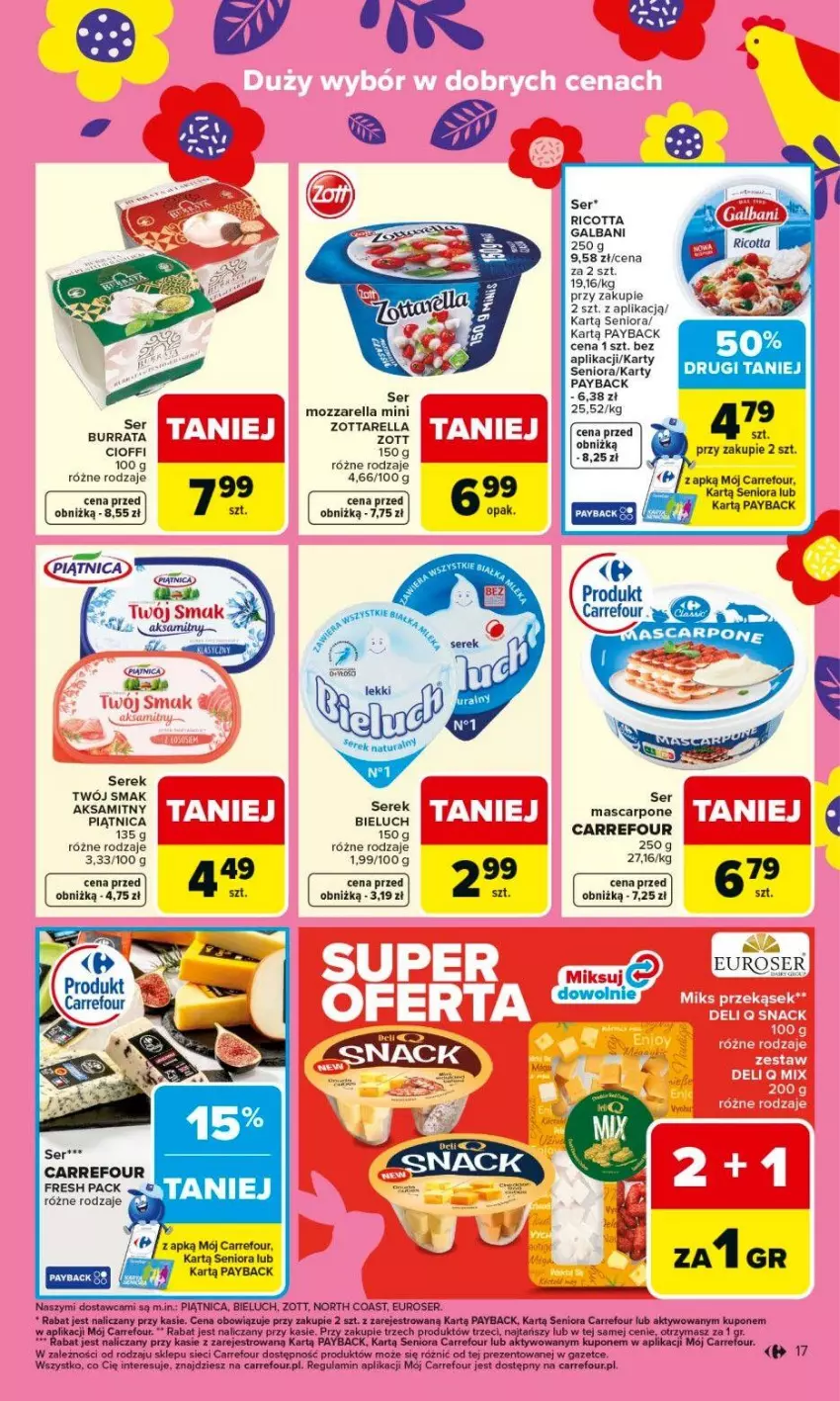 Gazetka promocyjna Carrefour - Gazetka Carrefour, Market od poniedziałku! - ważna 16.03 do 21.03.2026 - strona 19 - produkty: Bieluch, Burrata, Fa, Galbani, Mascarpone, Mozzarella, Piątnica, Ricotta, Ser, Serek, Twój Smak, Zott, Zottarella