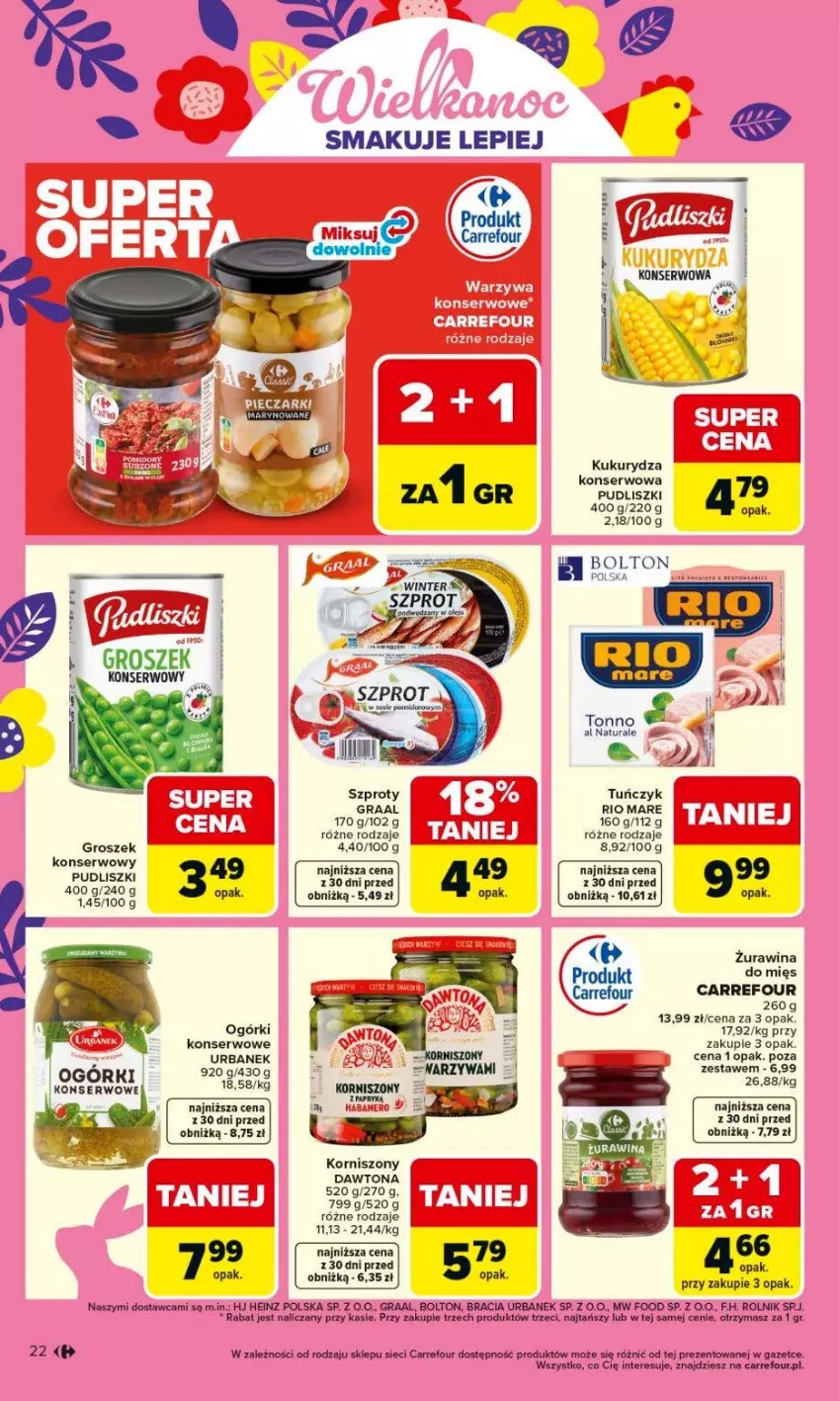 Gazetka promocyjna Carrefour - Gazetka Carrefour, Market od poniedziałku! - ważna 16.03 do 21.03.2026 - strona 24 - produkty: Dawtona, Fa, Gra, Graal, Groszek, Heinz, Korniszony, Kukurydza, Kukurydza konserwowa, Ogórki konserwowe, Pudliszki, Rio Mare, Rolnik, Ser, Szprot, Tuńczyk