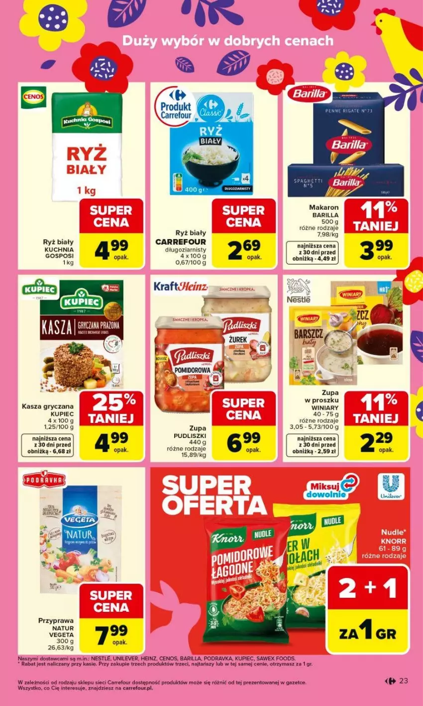 Gazetka promocyjna Carrefour - Gazetka Carrefour, Market od poniedziałku! - ważna 16.03 do 21.03.2026 - strona 25 - produkty: Barilla, Cenos, Gry, Heinz, Kasza, Kasza gryczana, Kuchnia, Kupiec, Makaron, Piec, Podravka, Por, Ryż, Ryż biały, Vegeta, Winiary, Zupa
