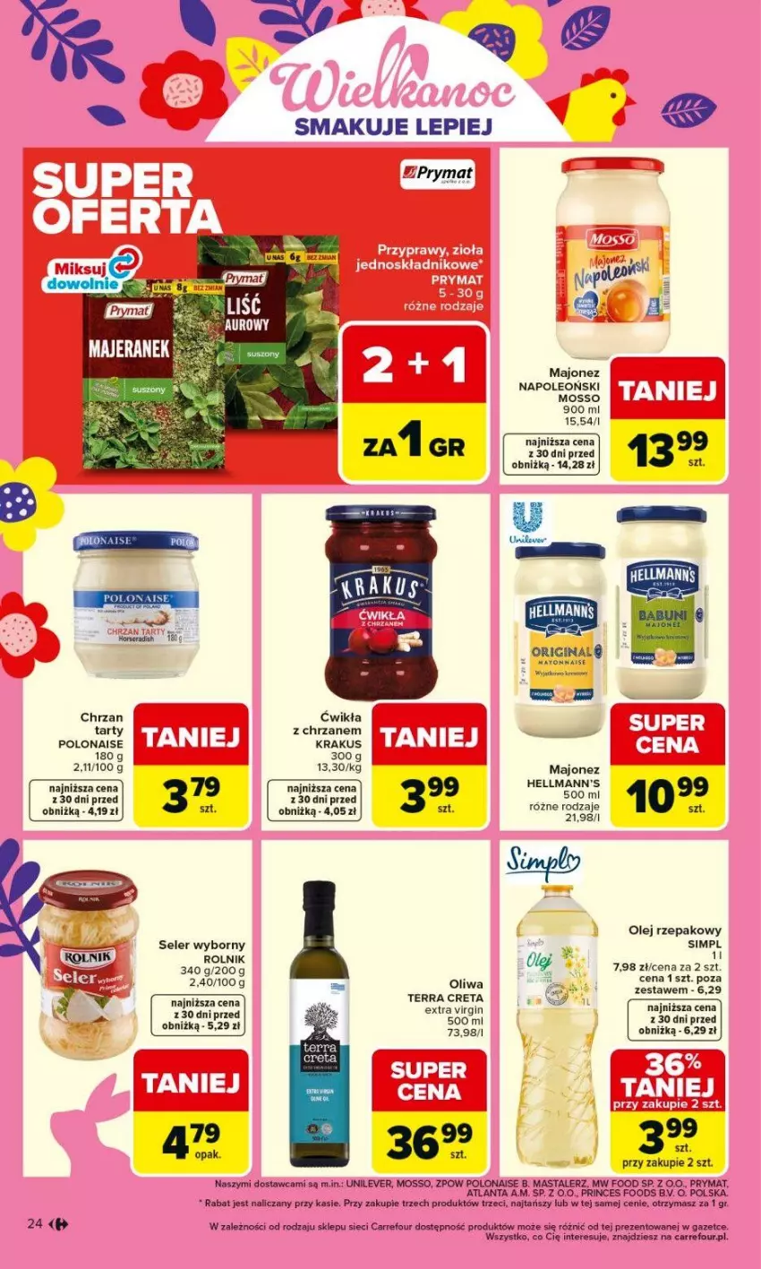 Gazetka promocyjna Carrefour - Gazetka Carrefour, Market od poniedziałku! - ważna 16.03 do 21.03.2026 - strona 26 - produkty: Chrzan, Gin, Krakus, Majonez, Olej, Olej rzepakowy, Oleo, Oliwa, Prymat, Rolnik, Talerz