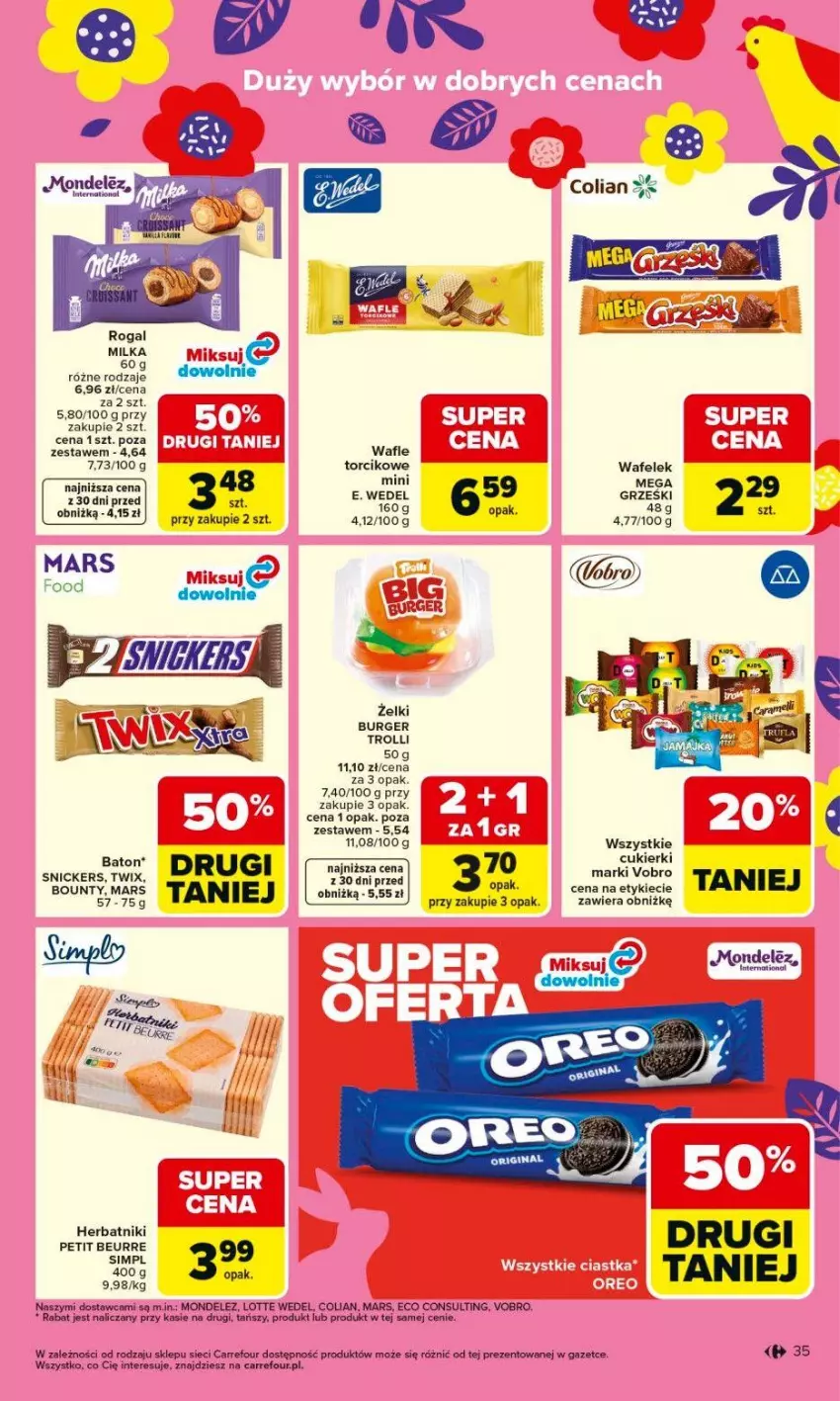 Gazetka promocyjna Carrefour - Gazetka Carrefour, Market od poniedziałku! - ważna 16.03 do 21.03.2026 - strona 37 - produkty: Baton, Bounty, Burger, Cukier, Cukierki, E. Wedel, Fa, Gin, Grześki, Herbatniki, Herbatniki Petit Beurre, Mars, Milka, Rogal, Snickers, Twix, Wafelek, Wafle