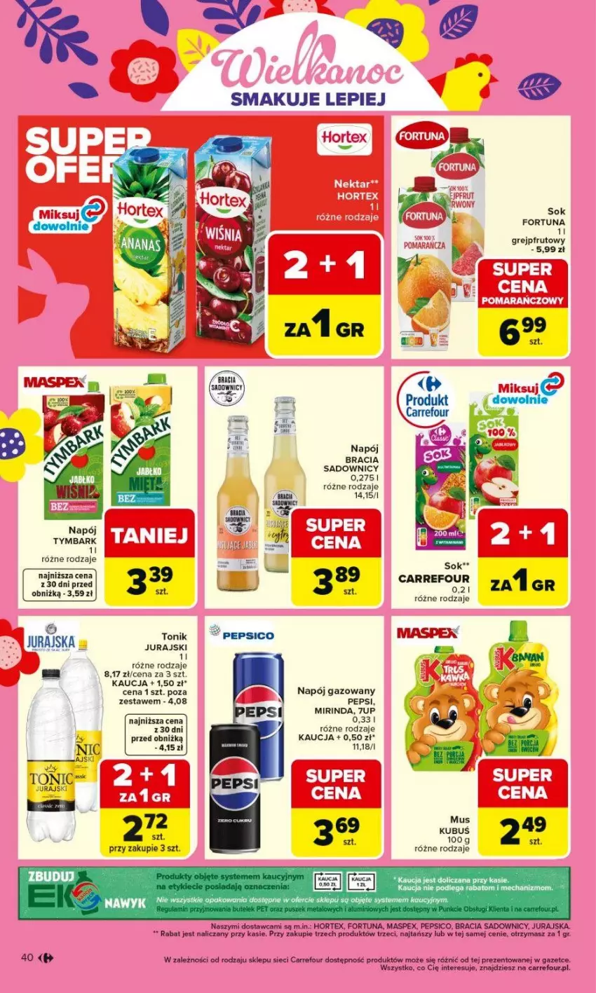 Gazetka promocyjna Carrefour - Gazetka Carrefour, Market od poniedziałku! - ważna 16.03 do 21.03.2026 - strona 42 - produkty: 7up, Fortuna, Hortex, Kubuś, Mirinda, Napój, Napój gazowany, Pepsi, Sok, Tonik, Tymbark