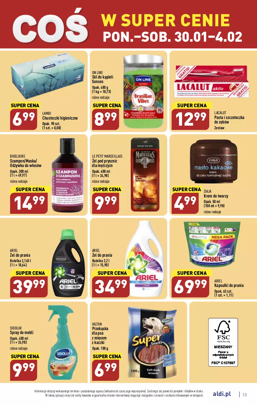 Gazetka promocyjna Aldi - Pełny katalog - ważna 30.01 do 04.02.2023 - strona 13 - produkty: Ariel, Chusteczki, Kapsułki do prania, Krem do twarzy, Lacalut, Mars, Maska, Odżywka, Senses, Sidolux, Sól, Sól do kąpieli, Szampon, Szczoteczka, Szczoteczka do zębów, Ziaja