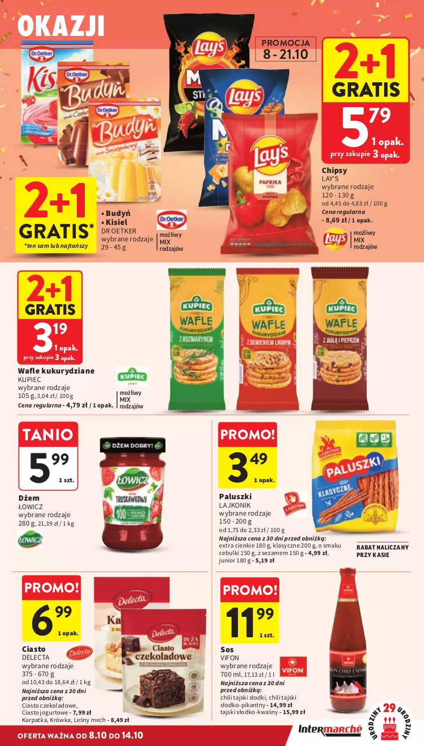Gazetka promocyjna Intermarche - Gazetka promocyjna - ważna 08.10 do 14.10.2026 - strona 31 - produkty: Budyń, Chipsy, Ciasto czekoladowe, Ciasto jogurtowe, Delecta, Dżem, Gra, Jogurt, Karp, Kisiel, Kupiec, Lajkonik, Piec, Sezam, Sos, Wafle