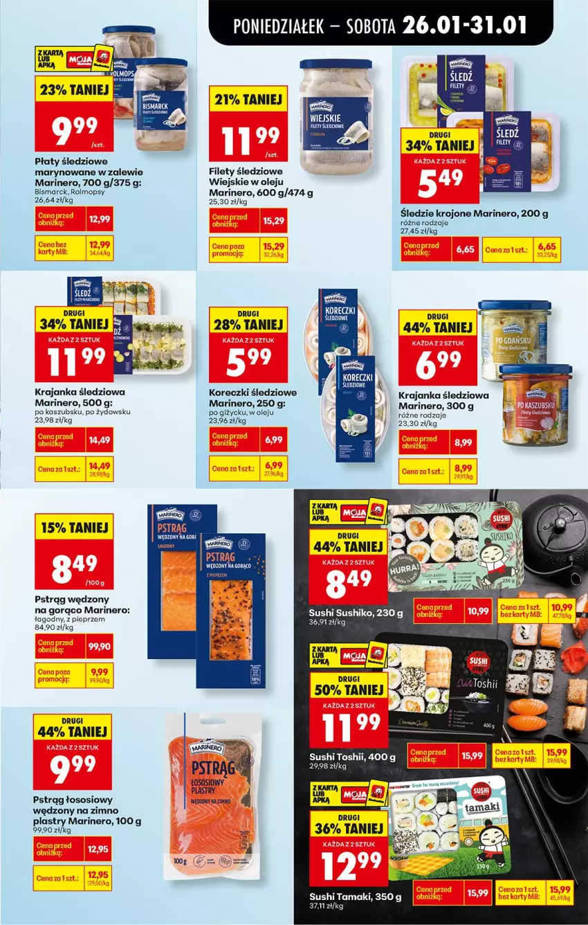 Gazetka promocyjna Biedronka - Gazetka - ważna 26.01 do 02.02.2026 - strona 31 - produkty: Koreczki śledziowe, Krajanka śledziowa, Mop, Olej, Pieprz, Płaty śledziowe, Pstrąg, Pstrąg łososiowy, Pstrąg wędzony, Sos, Sushi