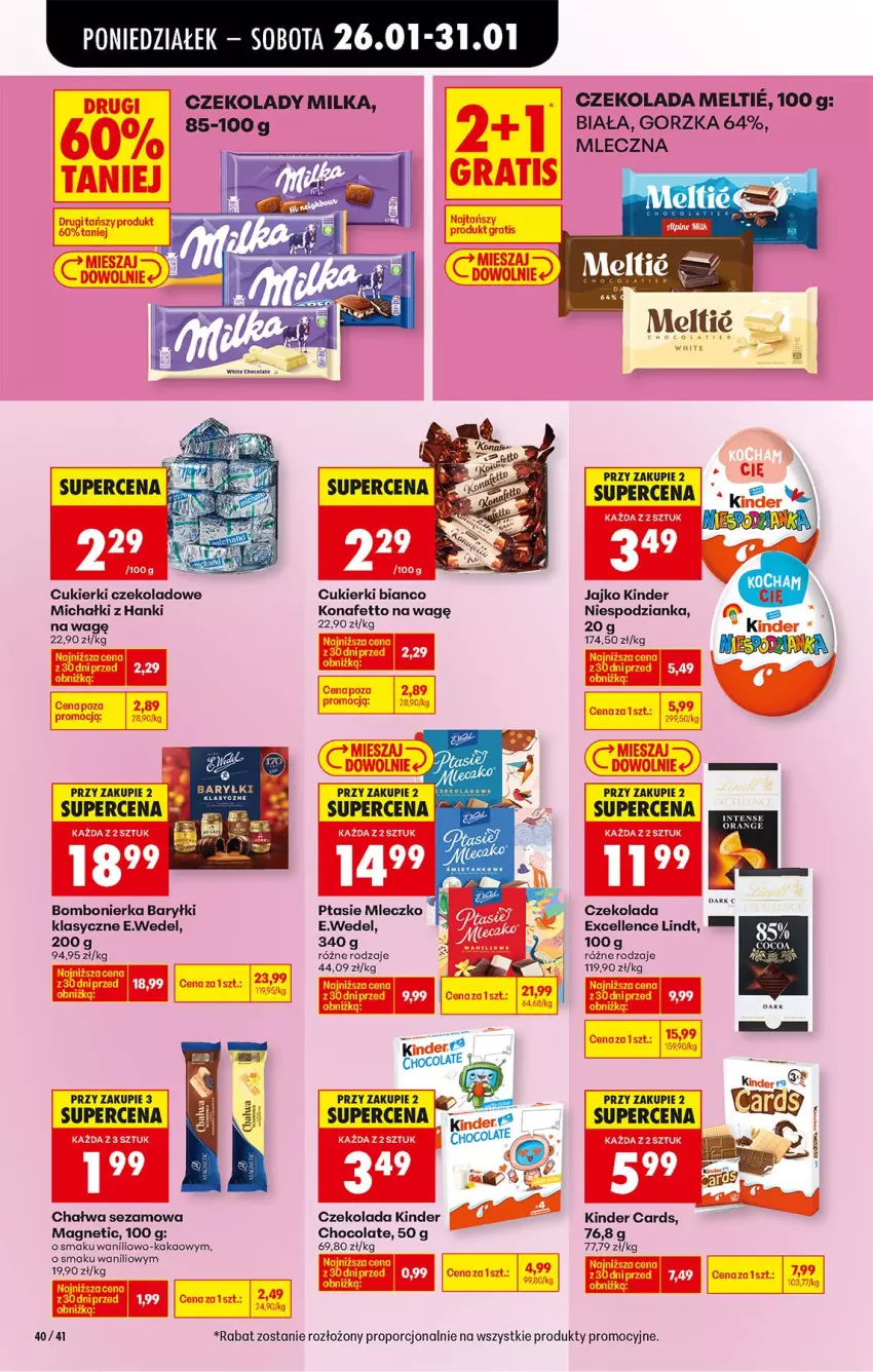 Gazetka promocyjna Biedronka - Gazetka - ważna 26.01 do 02.02.2026 - strona 48 - produkty: Baryłki, Chałwa, Cukier, Cukierki, Cukierki czekoladowe, Czekolada, Dada, Kakao, Kinder, Lindt, Michałki, Milka, Mleczko, Por, Ptasie mleczko, Sezam