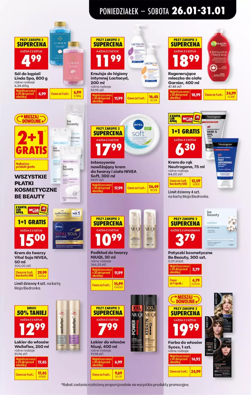 Gazetka promocyjna Biedronka - Gazetka - ważna 26.01 do 02.02.2026 - strona 55 - produkty: Be Be, Emulsja, Fa, Farba do włosów, Garnier, Gra, Krem do rąk, Krem do twarzy, Lactacyd, Lakier, Lakier do włosów, Mleczko, Mleczko do ciała, Neutrogena, Niuqi, Nivea, Patyczki kosmetyczne, Podkład, Podkład do twarzy, Por, Róża, Sól, Sól do kąpieli, Syoss, Tera, Wella, Wellaflex