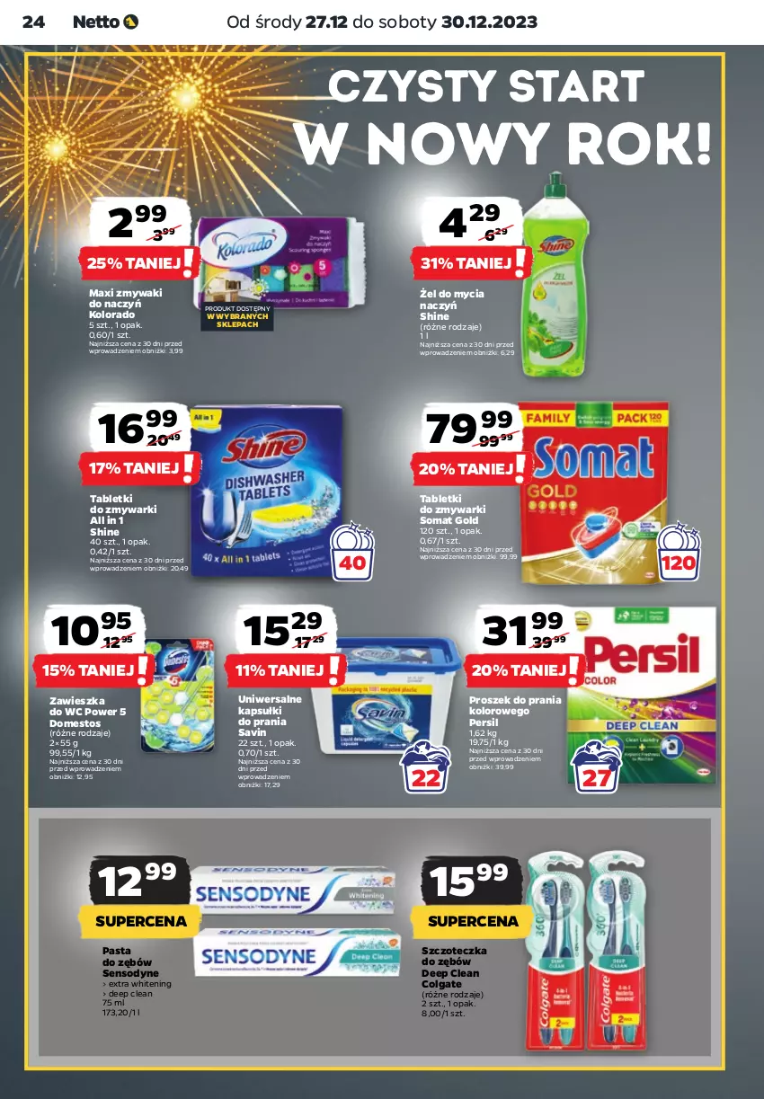 Gazetka promocyjna Netto - Artykuły spożywcze - ważna 27.12 do 30.12.2023 - strona 24 - produkty: Colgate, Do mycia naczyń, Domestos, Kapsułki do prania, Kolorado, LG, Pasta do zębów, Persil, Proszek do prania, Sensodyne, Somat, Somat gold, Szczoteczka, Szczoteczka do zębów, Tablet, Tabletki do zmywarki, Zawieszka do wc, Zmywarki