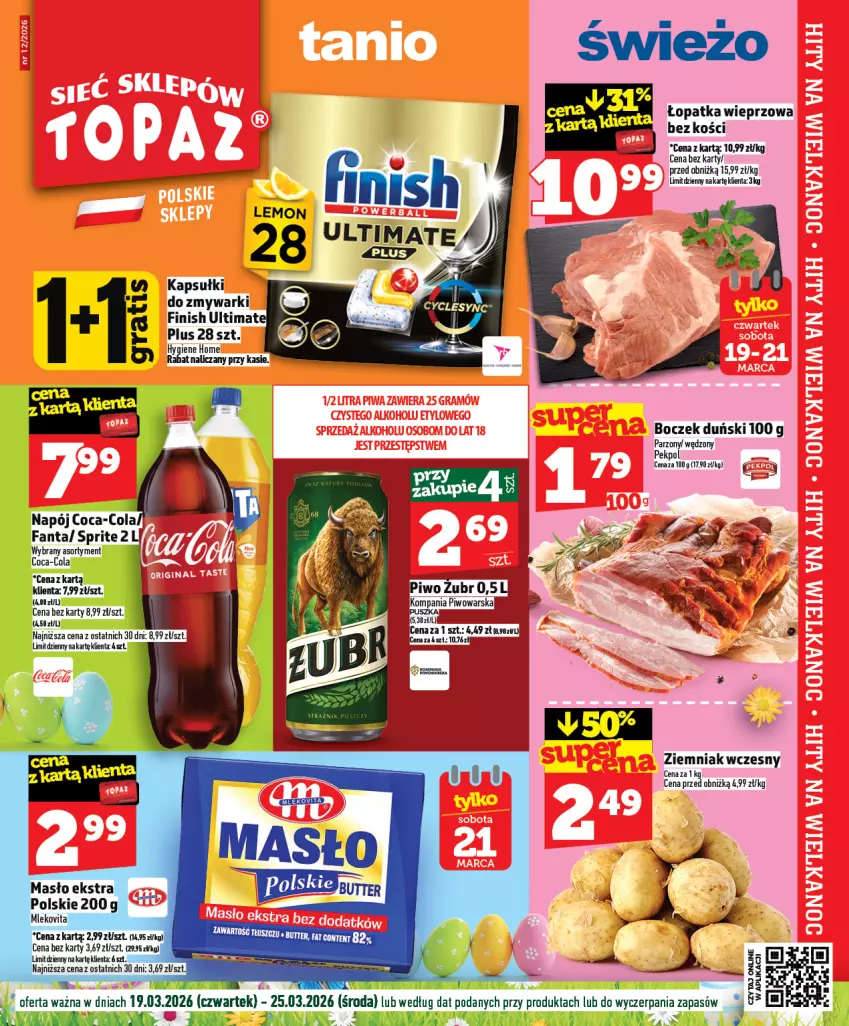 Gazetka promocyjna Topaz - Gazetka - ważna 19.03 do 25.03.2026 - strona 1 - produkty: Boczek, Coca-Cola, Fa, Fanta, Finish, Kask, Masło, Mleko, Mlekovita, Napój, Sprite, Zmywarki