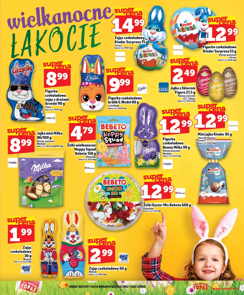 Gazetka promocyjna Topaz - Gazetka - ważna 19.03 do 25.03.2026 - strona 19 - produkty: Ferrero, Grześki, Kinder, Kiwi, Królik, Likier, Milka, Squad