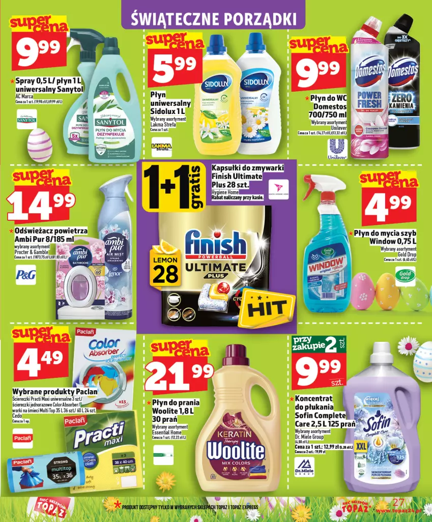 Gazetka promocyjna Topaz - Gazetka - ważna 19.03 do 25.03.2026 - strona 27 - produkty: Ambi Pur, Domestos, Fa, Odświeżacz powietrza, Płyn do mycia, Płyn do prania, Pur, Sanytol, Sidolux, Top, Woolite, Worki na śmiec, Worki na śmieci