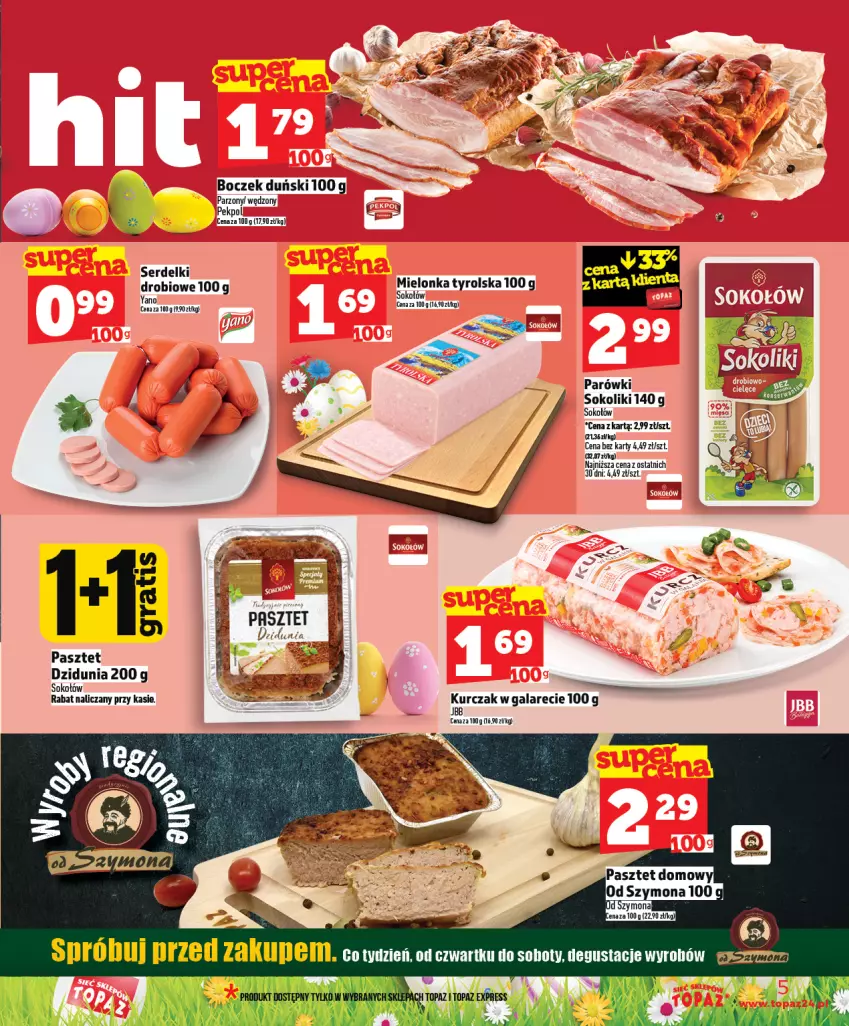 Gazetka promocyjna Topaz - Gazetka - ważna 19.03 do 25.03.2026 - strona 5 - produkty: Boczek, Gala, Kurczak, Mielonka tyrolska, Parówki, Parówki sokoliki, Pasztet, Pekpol, Ser, Serdelki, Sok, Sokołów