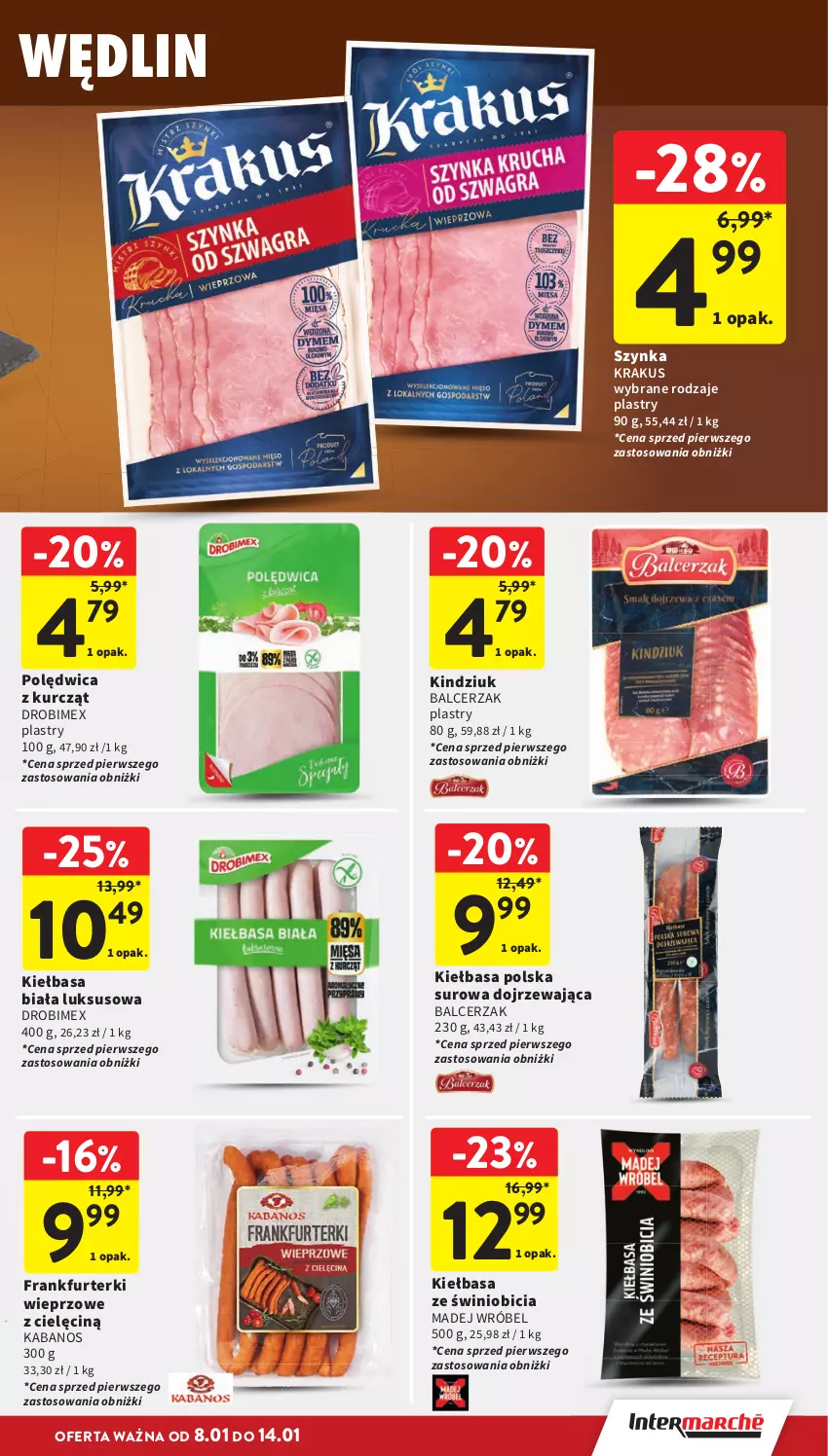 Gazetka promocyjna Intermarche - Gazetka promocyjna - ważna 08.01 do 14.01.2026 - strona 16 - produkty: BIC, Drobimex, Frankfurterki, Kabanos, Kiełbasa, Kiełbasa biała, Kindziuk, Krakus, Madej Wróbel, Polędwica, Szynka