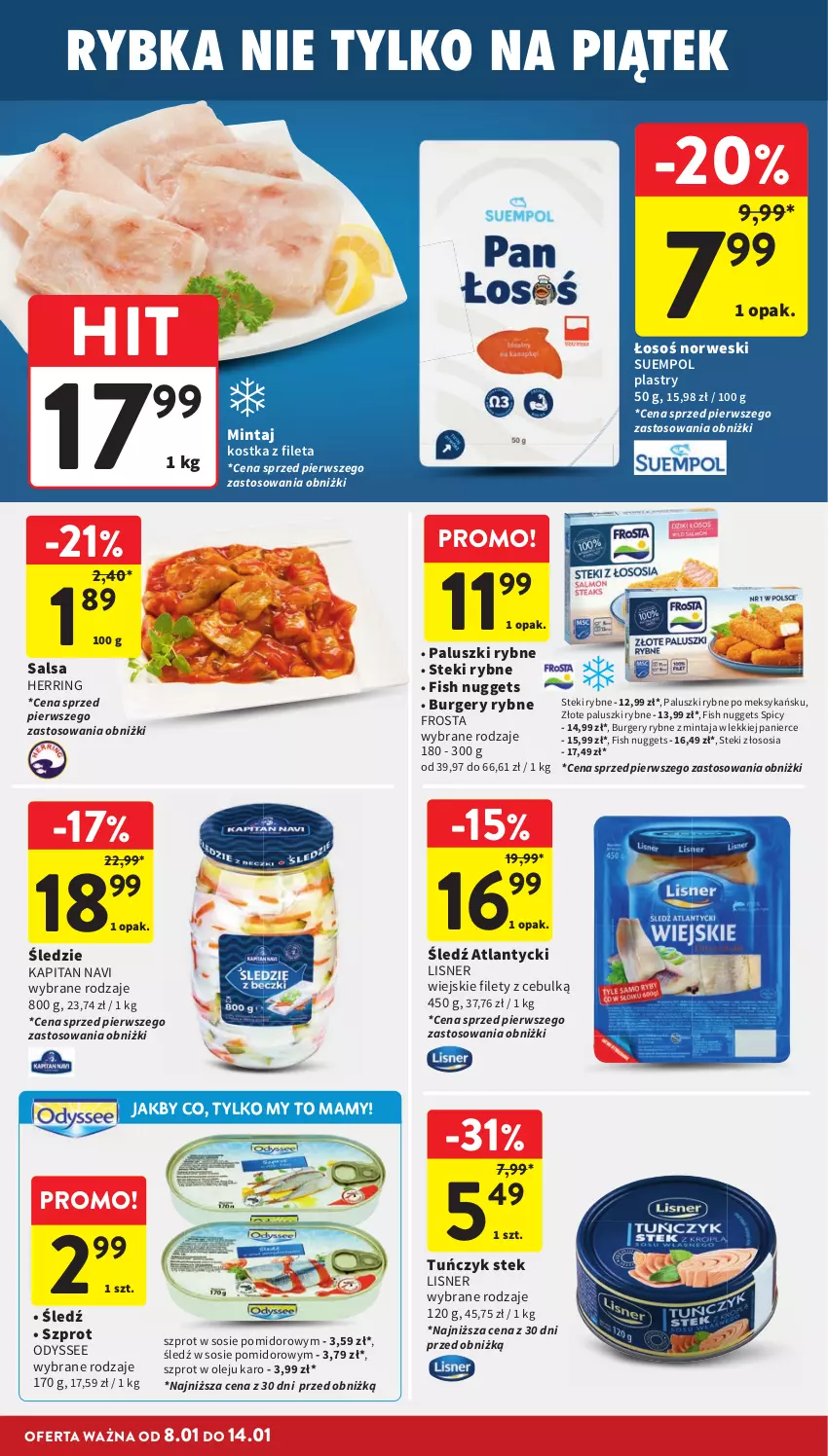 Gazetka promocyjna Intermarche - Gazetka promocyjna - ważna 08.01 do 14.01.2026 - strona 23 - produkty: Burger, Frosta, Lisner, Mintaj, Olej, Paluszki rybne, Salsa, Sos, Stek, Suempol, Szprot, Szprot w sosie, Tuńczyk