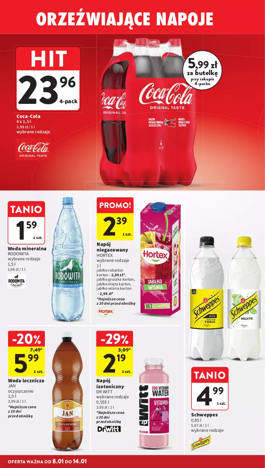 Gazetka promocyjna Intermarche - Gazetka promocyjna - ważna 08.01 do 14.01.2026 - strona 33 - produkty: Coca-Cola, Hortex, Mięta, Napój, Napój izotoniczny, Napój niegazowany, Schweppes, Woda, Woda mineralna, Znicz