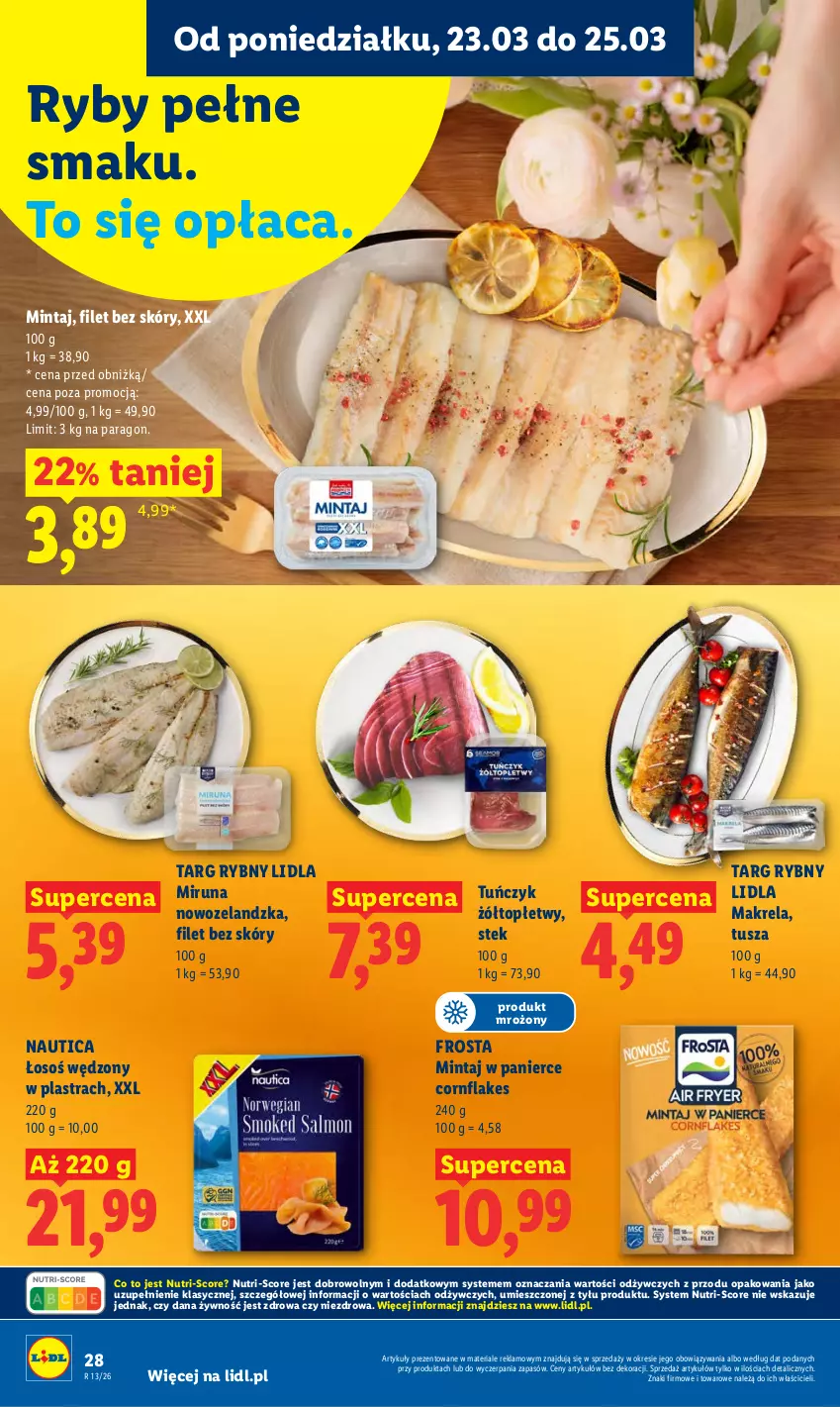 Gazetka promocyjna Lidl - Gazetka ważna od 23.03 do 25.03 - ważna 23.03 do 25.03.2026 - strona 28 - produkty: Frosta, Mintaj, Miruna, Stek, Top, Tuńczyk, Tusz