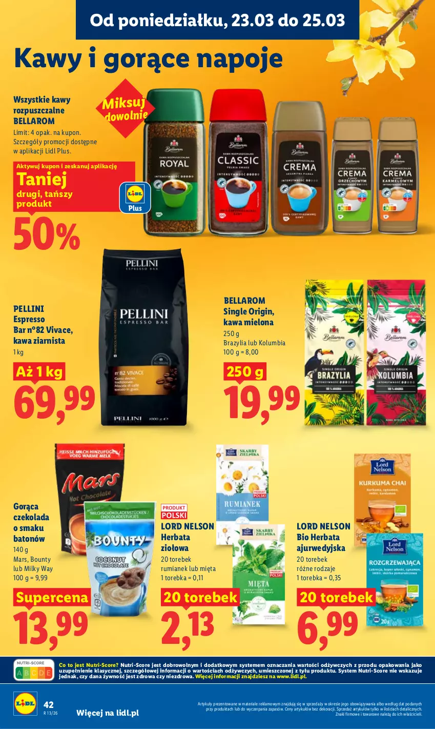 Gazetka promocyjna Lidl - Gazetka ważna od 23.03 do 25.03 - ważna 23.03 do 25.03.2026 - strona 42 - produkty: Baton, Bell, Bella, Bounty, Czekolada, Gin, Herbata, Kawa, Kawa mielona, Kawa ziarnista, Mars, Mięta, Milky Way, Napoje, Rum, Torebka