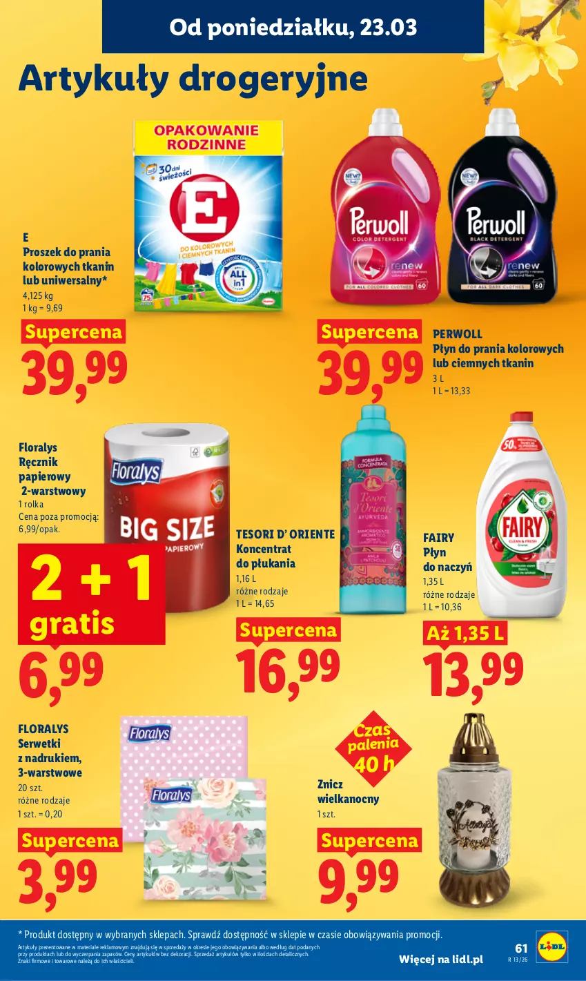 Gazetka promocyjna Lidl - Gazetka ważna od 23.03 do 25.03 - ważna 23.03 do 25.03.2026 - strona 61 - produkty: Fa, Fairy, Flora, Gra, Papier, Perwoll, Płyn do prania, Proszek do prania, Ręcznik, Ser, Serwetki, Znicz