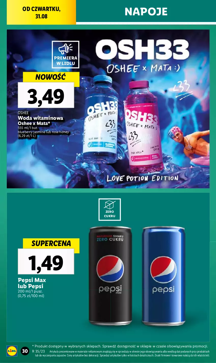 Gazetka promocyjna Lidl - GAZETKA - ważna 31.08 do 02.09.2023 - strona 44 - produkty: Napoje, Oshee, Pepsi, Pepsi max, Woda