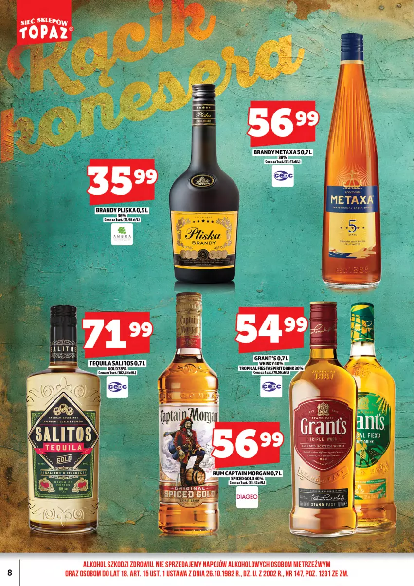 Gazetka promocyjna Topaz - Gazetka - ważna 16.02 do 26.02.2026 - strona 10 - produkty: Brandy, Captain Morgan, Gra, Grant's, Metaxa, Pliska, Rum, Tequila, Whisky