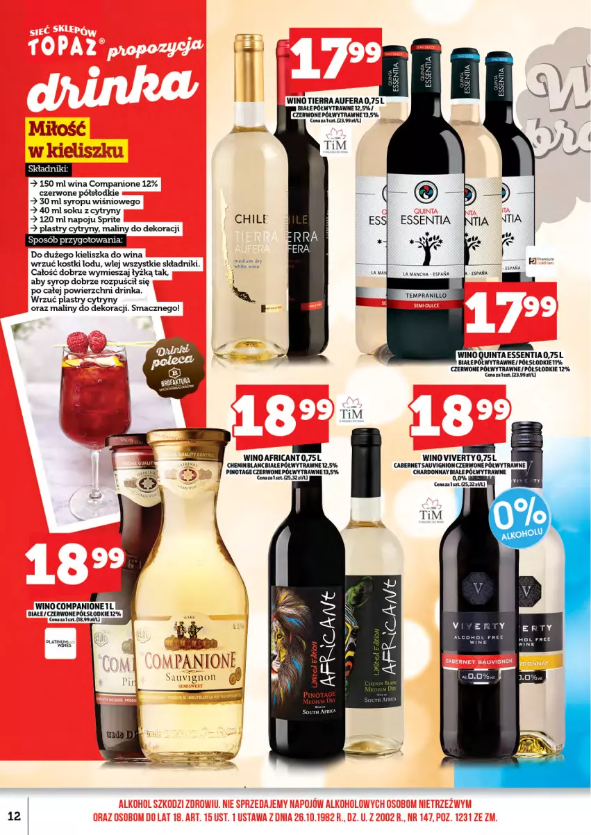 Gazetka promocyjna Topaz - Gazetka - ważna 16.02 do 26.02.2026 - strona 14 - produkty: AniOne, Chardonnay, Cytryny, Inka, Maliny, Pax, Sok, Sprite, Syrop, Wino